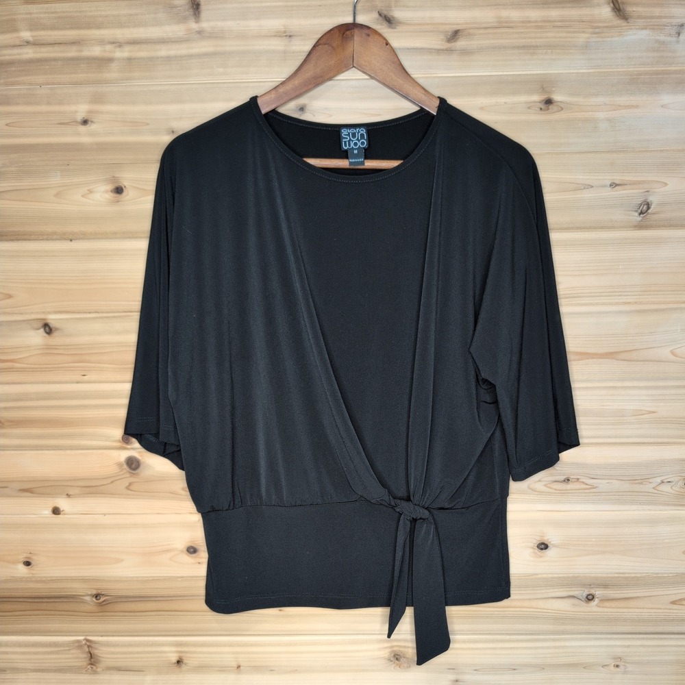 Clara Sunwoo Black Wrap Tie Front Top Elbow Sleeve Stretch Jersey Blouse‎ Medium